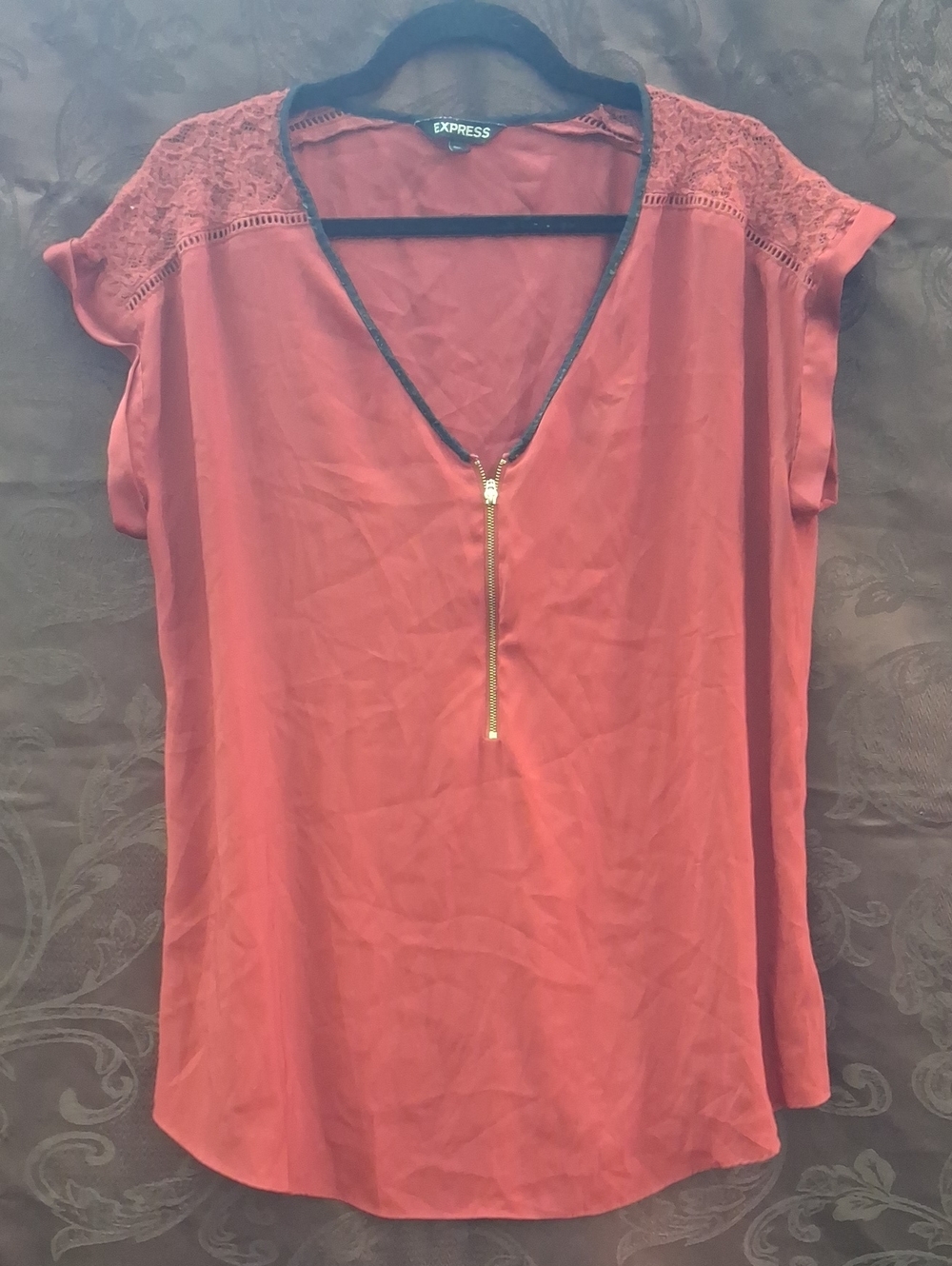 Express Women's Rust Lace-Shoulder Zip Front Top Size XL